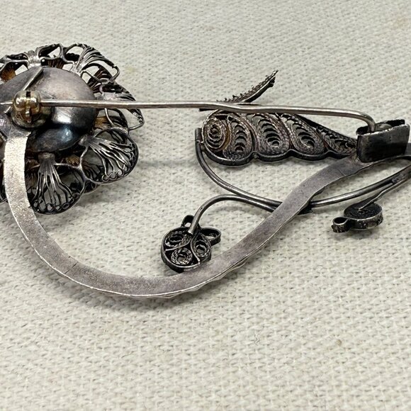 Vintage Sterling Silver Filigree Rose Brooch Pin‎ Intricate Ornate Hammered Stem - Picture 11 of 11